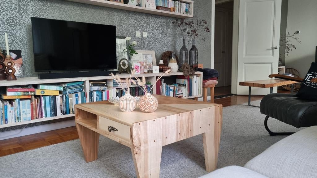 NIEUW! Handgemaakte salontafel 2 kleurig Essen en Iepen hout, 50 tot 100 cm, Vierkant, Nieuw, Minder dan 50 cm