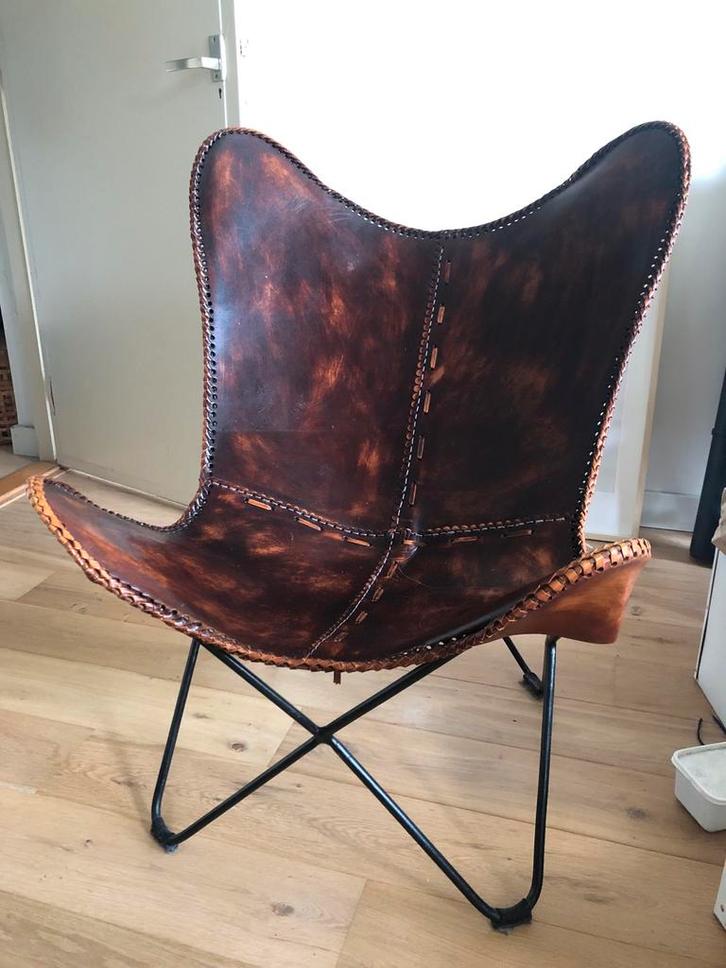 Cognac Leren Vlinderstoel, Huis en Inrichting, Fauteuils, Gebruikt, Leer, 75 tot 100 cm, 75 tot 100 cm, Ophalen of Verzenden