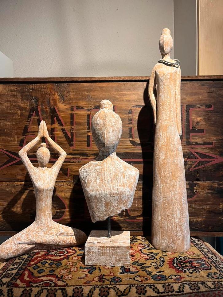 3- delige Houten beelden set, Antiek en Kunst, Kunst | Beelden en Houtsnijwerken, Ophalen of Verzenden