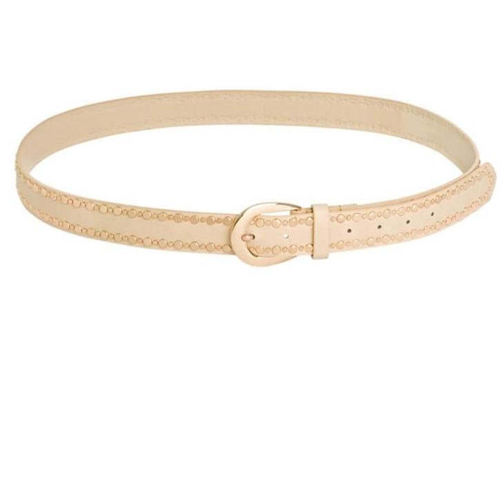 Nieuw! Beige riem 135 cm. met studs (goudkleurig), Kleding | Dames, Riemen en Ceinturen, Nieuw, Tailleriem, 100 cm of meer, Overige kleuren