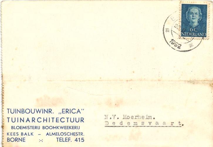Tuinbouwinr. Erica - Kees Balk - Borne - 02.1952 - briefkaar, Postzegels en Munten, Brieven en Enveloppen | Nederland, Briefkaart