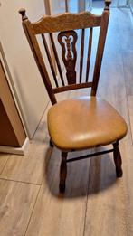 Massief Houten Stoel met Lederen Zitting, Gebruikt, Bruin, Klassiek, Hout