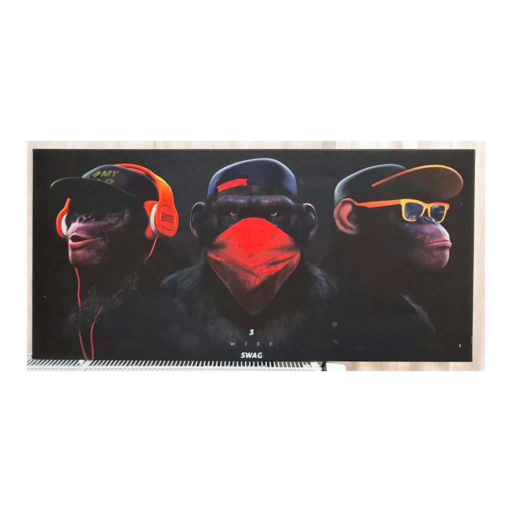 Canvasprint 135 cm X 65 cm | 3 Apen | Urban art, 50 tot 75 cm, 125 cm of meer, Ophalen of Verzenden, Print