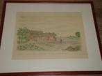 oude schildery tekening-afbeelding schuur met mos dak, Ophalen of Verzenden