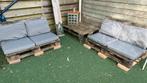 Palletbank (2x), kussens en tafel, Ophalen of Verzenden, Zo goed als nieuw, Hout, Bank