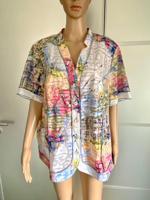 J398 Luxe blouse maat 50=XXL lang top wit/blauw/roze, Kleding | Dames, Blouses en Tunieken, Nieuw, Maat 46/48 (XL) of groter, Blauw