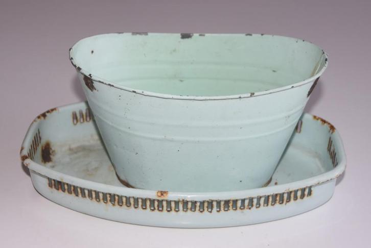 Brocante Planter & Dienblad Emaille Mintgroen bloempot, Antiek en Kunst, Curiosa en Brocante, Ophalen of Verzenden