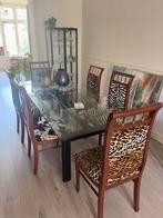 4 Houten Eetkamerstoelen met Dierenprint, Gebruikt, Bruin, Stof, Vijf, Zes of meer stoelen