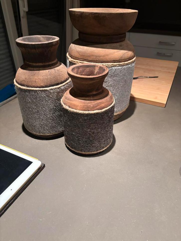 Houten Kelken Set met Koeienhuid, Huis en Inrichting, Woonaccessoires | Vazen, Gebruikt, Overige kleuren, Minder dan 50 cm, Overige materialen