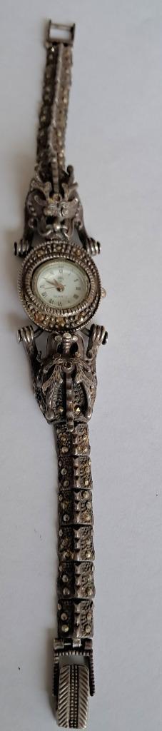 Prachtig vintage zilveren horloge met draken en marcasiet  beschikbaar voor biedingen