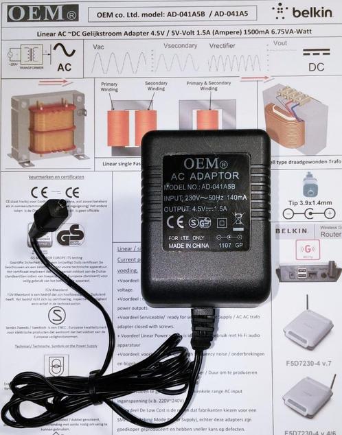 OEM AD-041A5B AC DC Adapter 4.5V 5V 1.5A 7W Op-Lader F5D7230, Computers en Software, Pc- en Netwerkkabels, Zo goed als nieuw, Ophalen of Verzenden