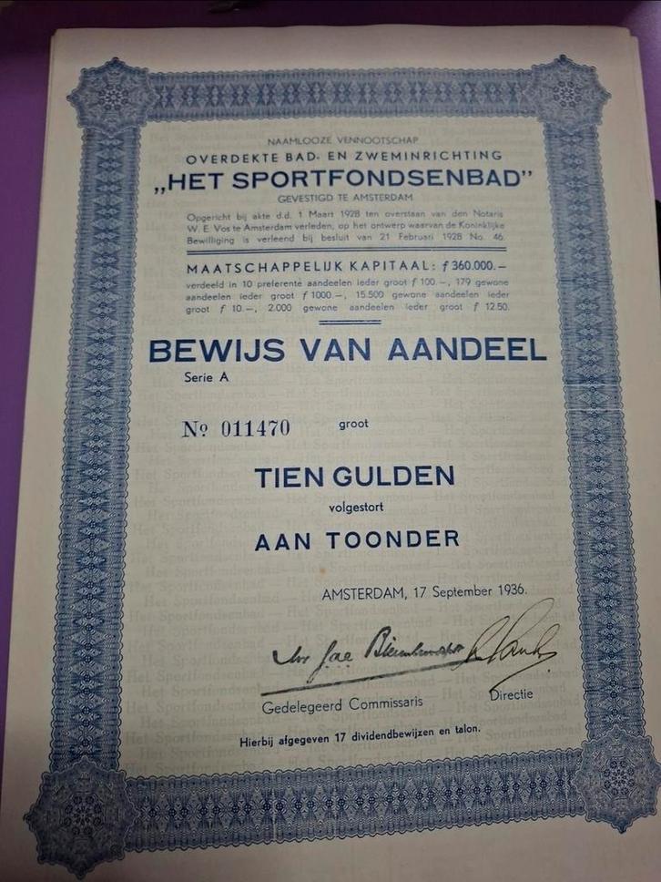 Origineel bewijs van aandeel “Het Sportfondsenbad” Amsterdam, Postzegels en Munten, Aandelen en Waardepapieren, Aandeel, 1920 tot 1950