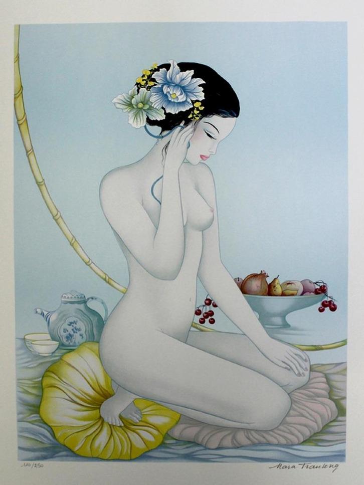 MARA TRAN LONG # Charmante Oosterse Vrouw # Zeefdrukken, Antiek en Kunst, Kunst | Litho's en Zeefdrukken, Ophalen of Verzenden