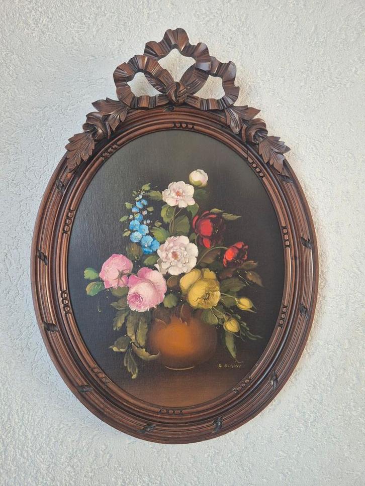 Olieverfschilderij Bloemen in Ovale Lijst, Antiek en Kunst, Kunst | Schilderijen | Klassiek, Ophalen of Verzenden