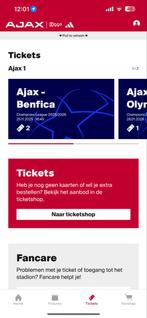 Ajax Benfica zuid 1 fside kaart beschikbaar, Tickets en Kaartjes, Seizoenskaart, Eén persoon, November, Europa of Champions League