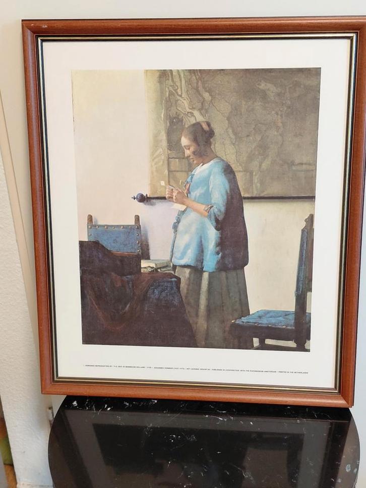 Vermeer - Meisje in blauw, ingelijst, Antiek en Kunst, Kunst | Tekeningen en Foto's, Ophalen of Verzenden