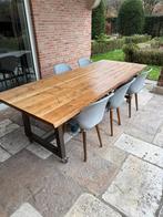Massief eiken tafel bronzen onderstel verrijdb. + 8 stoelen, Ophalen, Zo goed als nieuw, Rechthoekig, Hout