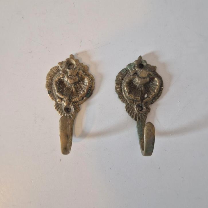 2 antieke koperen haakjes voor handdoek en theedoek, Huis en Inrichting, Woonaccessoires | Kapstokken, Gebruikt, Wandhaken, Minder dan 100 cm