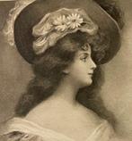 fr 1904 vrouw lang haar grote hoed margrieten, Verzenden, Voor 1920, Gelopen, Overige thema's