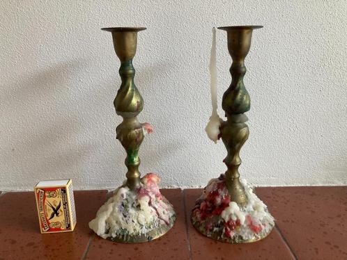 Twee koperen / bronzen antieke kaarsenhouders duo setje, Huis en Inrichting, Woonaccessoires | Kandelaars en Kaarsen, Gebruikt