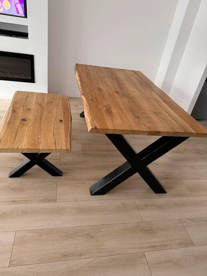 Eettafel + Salontafel Set - Boomstam Eikenhout & Metaal, Huis en Inrichting, Tafels | Eettafels, Gebruikt, 100 tot 150 cm, 150 tot 200 cm