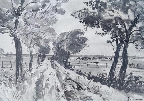 David Schulman (1881-1966) - Weidelandschap, Antiek en Kunst, Kunst | Tekeningen en Foto's, Ophalen of Verzenden