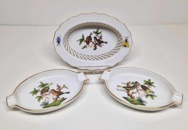 Herend opengewerkt mandje & asbakjes Rothschild Bird decor., Antiek en Kunst, Antiek | Porselein, Ophalen of Verzenden