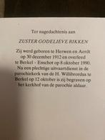 Zr Rikken 1912 Herwen en Aerdt 1990 Berkel-Enschot, Ophalen of Verzenden, Bidprentje