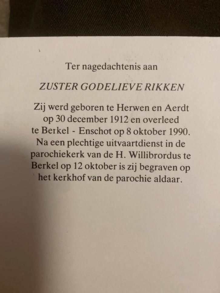 Zr Rikken 1912 Herwen en Aerdt 1990 Berkel-Enschot, Verzamelen, Bidprentjes en Rouwkaarten, Bidprentje, Ophalen of Verzenden