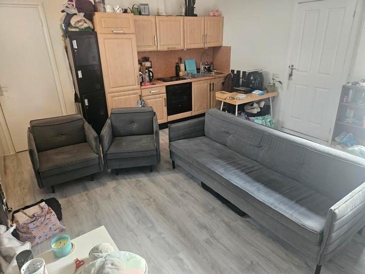 Set bank & fauteuils. Zuiver. Antraciet., Huis en Inrichting, Banken | Bankstellen, Rechte bank, Driepersoons, Stof, Ophalen