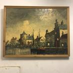 Schilderij 'Havengezicht, huisjes en boten'....waar ?, Antiek en Kunst, Kunst | Schilderijen | Klassiek, Ophalen