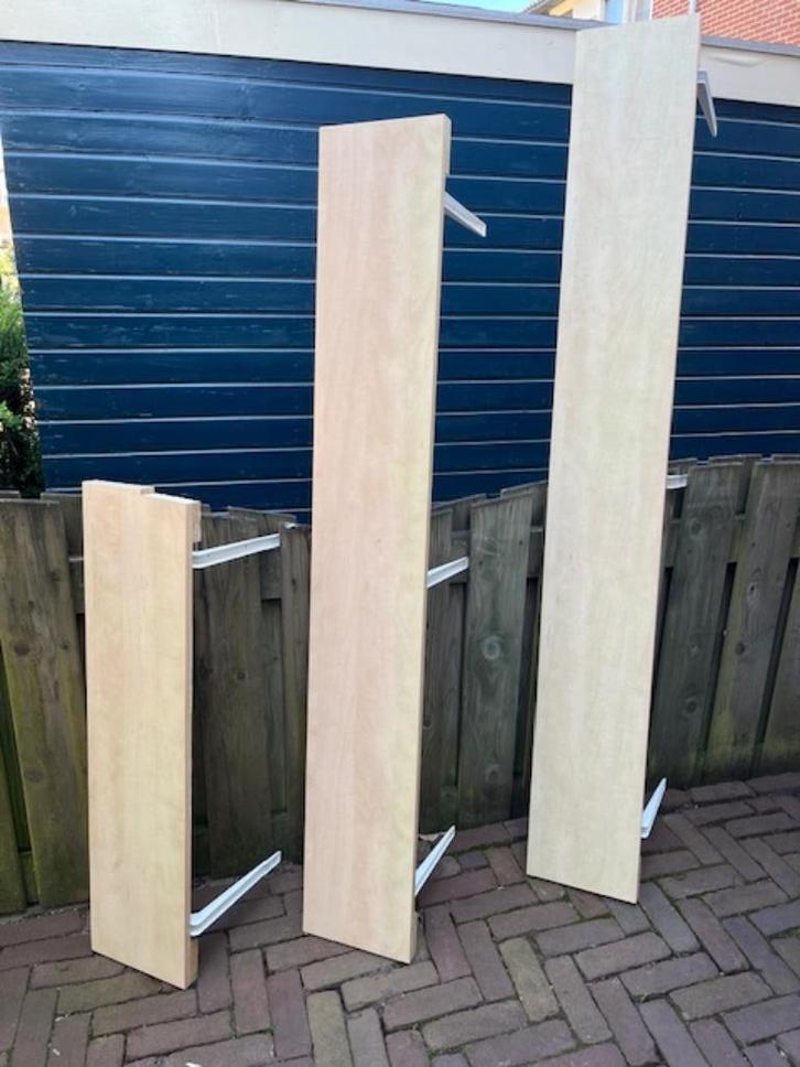 Drie grenen MDF schappen (100/166/187 cm)., Huis en Inrichting, Woonaccessoires | Wandplanken en Boekenplanken, Gebruikt, Ophalen