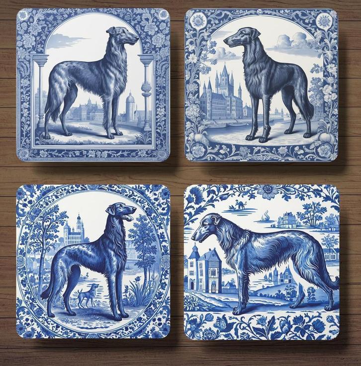 Deerhound Delfts Blauw onderzetters met houder, Huis en Inrichting, Woonaccessoires | Onderzetters, Nieuw, Glas of Kopje, Ophalen of Verzenden