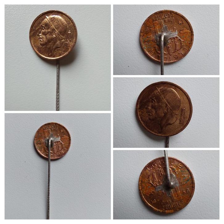 Belgische munt op speld 1958, Verzamelen, Speldjes, Pins en Buttons, Overige onderwerpen, Ophalen of Verzenden
