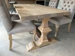 Fairwood Eettafel Kloosterstijl + 4 Taupe Stoelen, Huis en Inrichting, Tafels | Eettafels, Ophalen, Gebruikt, Brocante