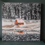 Wintertafereel met Boshuis - Acryl op 3D Canvas, Ophalen of Verzenden
