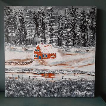 Wintertafereel met Boshuis - Acryl op 3D Canvas beschikbaar voor biedingen