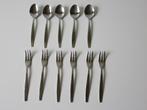6 Gebaksvorkjes / taartvorkjes en 5 theelepels met dessin, Ophalen of Verzenden, Zo goed als nieuw, Rvs of Chroom, Los bestek