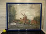 Antiek schilderij op linnen of aquarel met molen., Antiek en Kunst, Kunst | Schilderijen | Klassiek, Ophalen of Verzenden