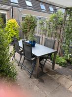 Tuintafel Natuursteen blad/geborsteld rvs frame, Tuin en Terras, Ophalen, Zo goed als nieuw, Rvs