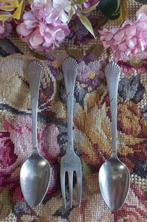 Setje van 2 theelepeltjes en 1 gebaksvorkje, Gero Alpacca, Antiek en Kunst, Curiosa en Brocante, Ophalen of Verzenden