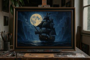 Piratenschip bij volle maan - op bestelling, oil paintings beschikbaar voor biedingen