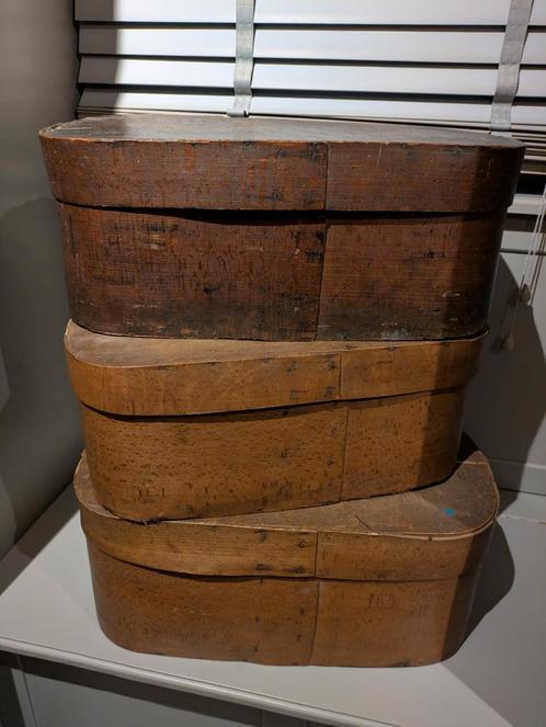3 antieke houten spanen dozen in mooie patina's .LOS TE KOOP, Antiek en Kunst, Antiek | Woonaccessoires, Ophalen