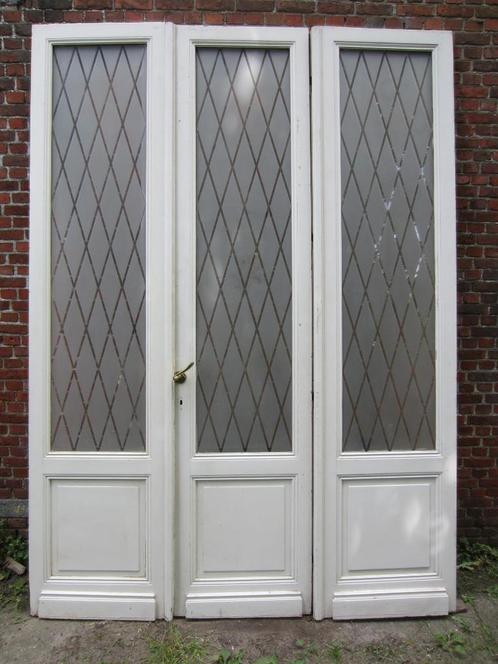 270hx195br Driedlg. deurenset prachtig glas scheidingswand, Antiek en Kunst, Antiek | Overige Antiek, Ophalen