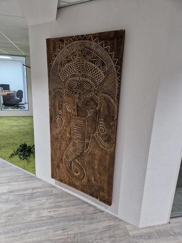 Olifant wandpaneel suarhout Ganesh groot 190 cm houtsnijwerk beschikbaar voor biedingen