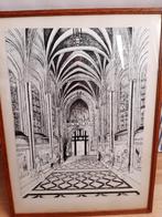 Oude ets/tekening van kerk interieur. Achterkant label van e, Antiek en Kunst, Ophalen