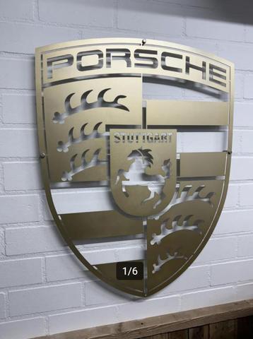 Groot RVS Porsche logo | 80x62cm | Goudkleurig geborsteld beschikbaar voor biedingen