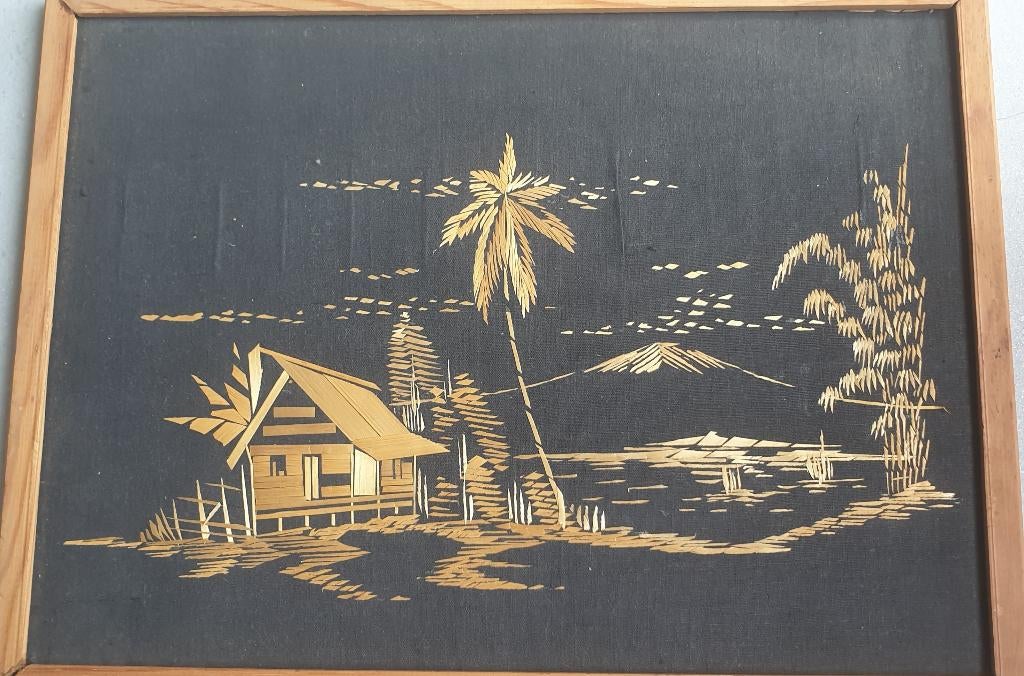 Wandpaneeltje zwart linnen opgelegd met Bambu 40 x 30 cm, Huis en Inrichting, Woonaccessoires | Wanddecoraties, Ophalen of Verzenden