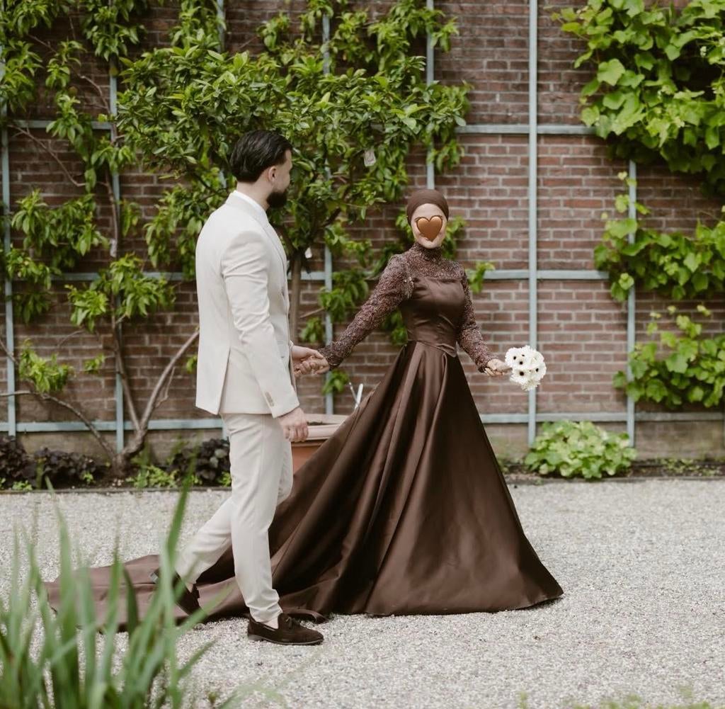 Custom Made Bruine Satijnen Henna Jurk Maat 32, Ophalen, Galajurk, Bruin, Zo goed als nieuw