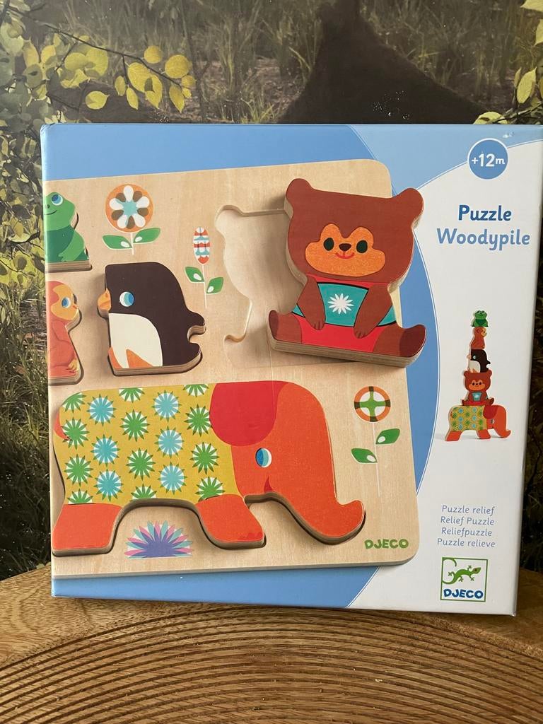 Djeco Woody Pile Houten Puzzel - Dieren (12m+), Nieuw, Ophalen of Verzenden, Van hout, Minder dan 10 stukjes